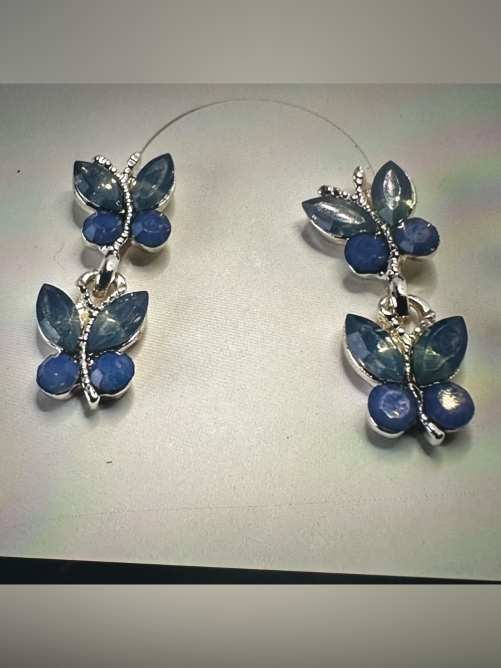 Blue Butterfly Dangle Earrings Silver Tone Double Butterfly Statement - Picture 4 of 11